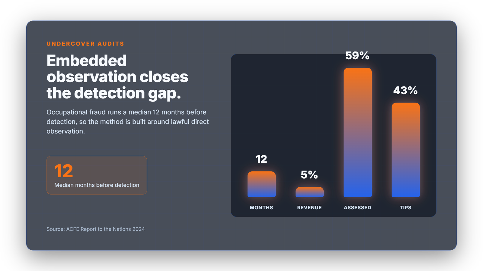Undercover audit chart showing 12 median months before fraud detection, 5 percent typical revenue loss, 59 percent risk assessment coverage and 43 percent detection from tips.