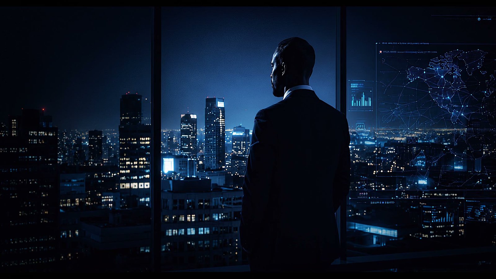 A corporate intelligence professional before a night-time city skyline, symbolising watchful protection of a business, its people and reputation