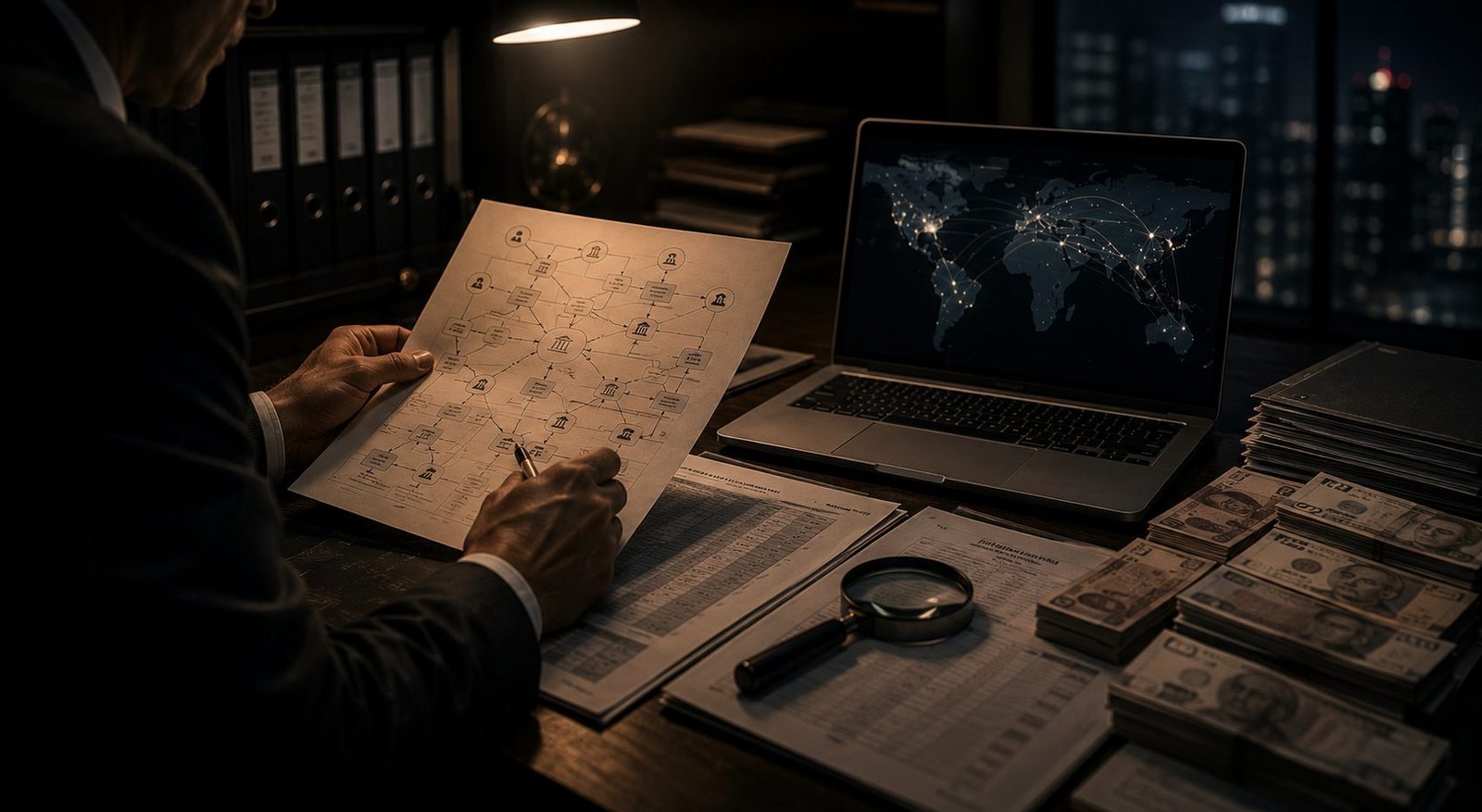 An investigator tracing financial flows through transaction records